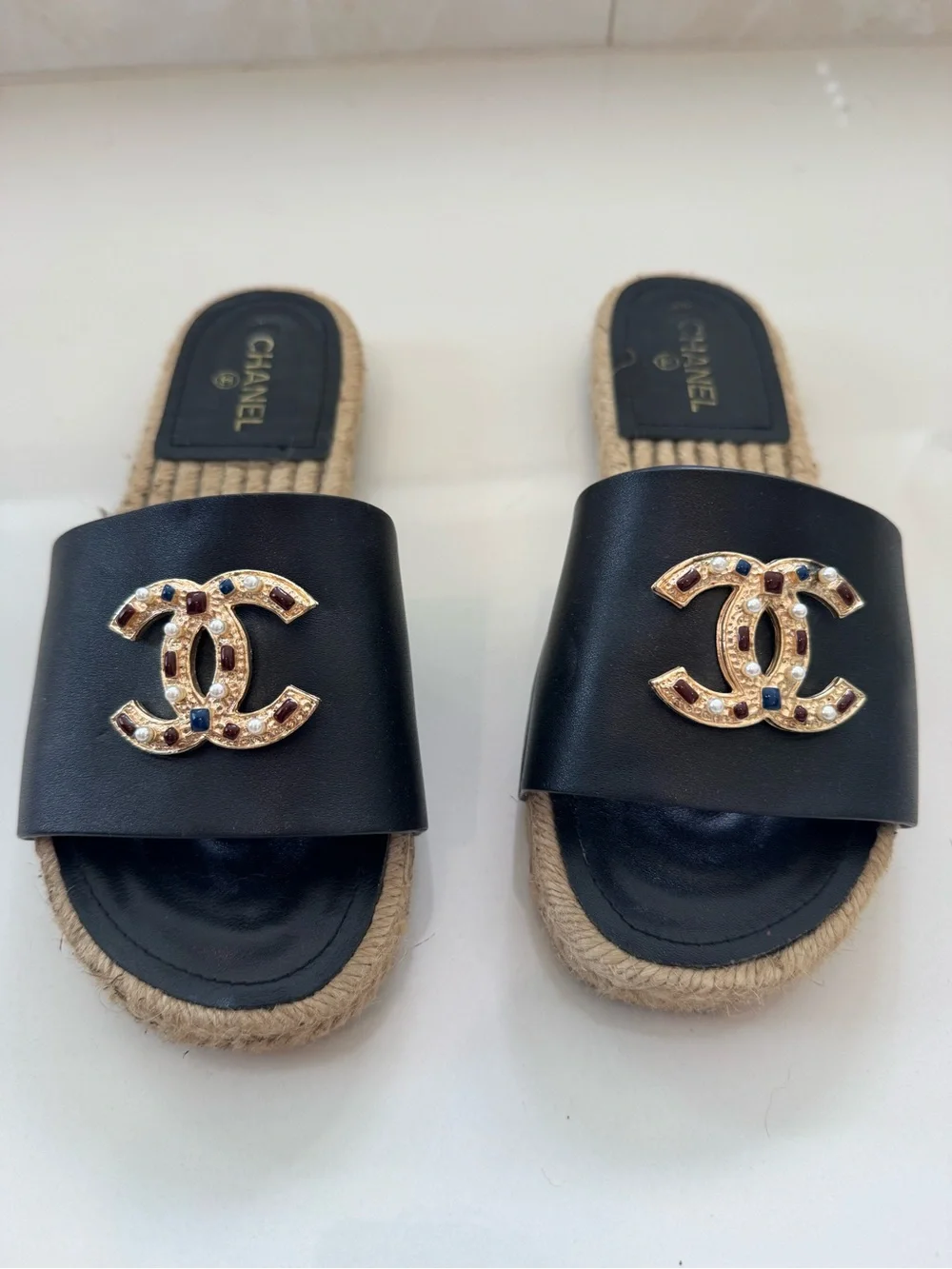 CHANEL Black Leather Slide Sandals with Gold CC Logo